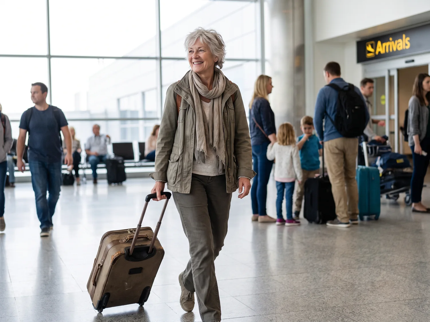 A woman in her late sixties walking upright through an airport arrivals hall with her suitcase