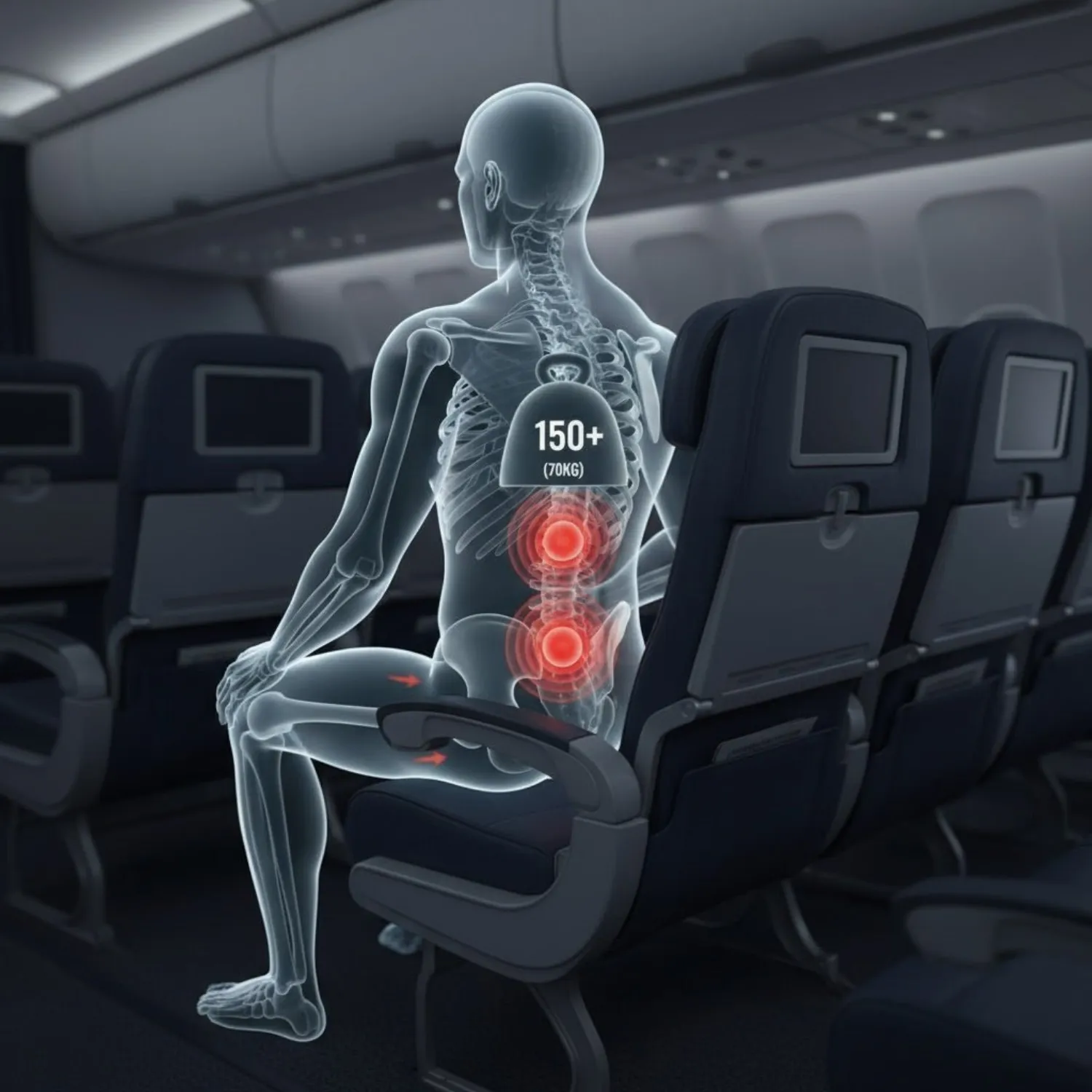 Where the pressure concentrates on the tailbone and sit bones in a modern economy seat