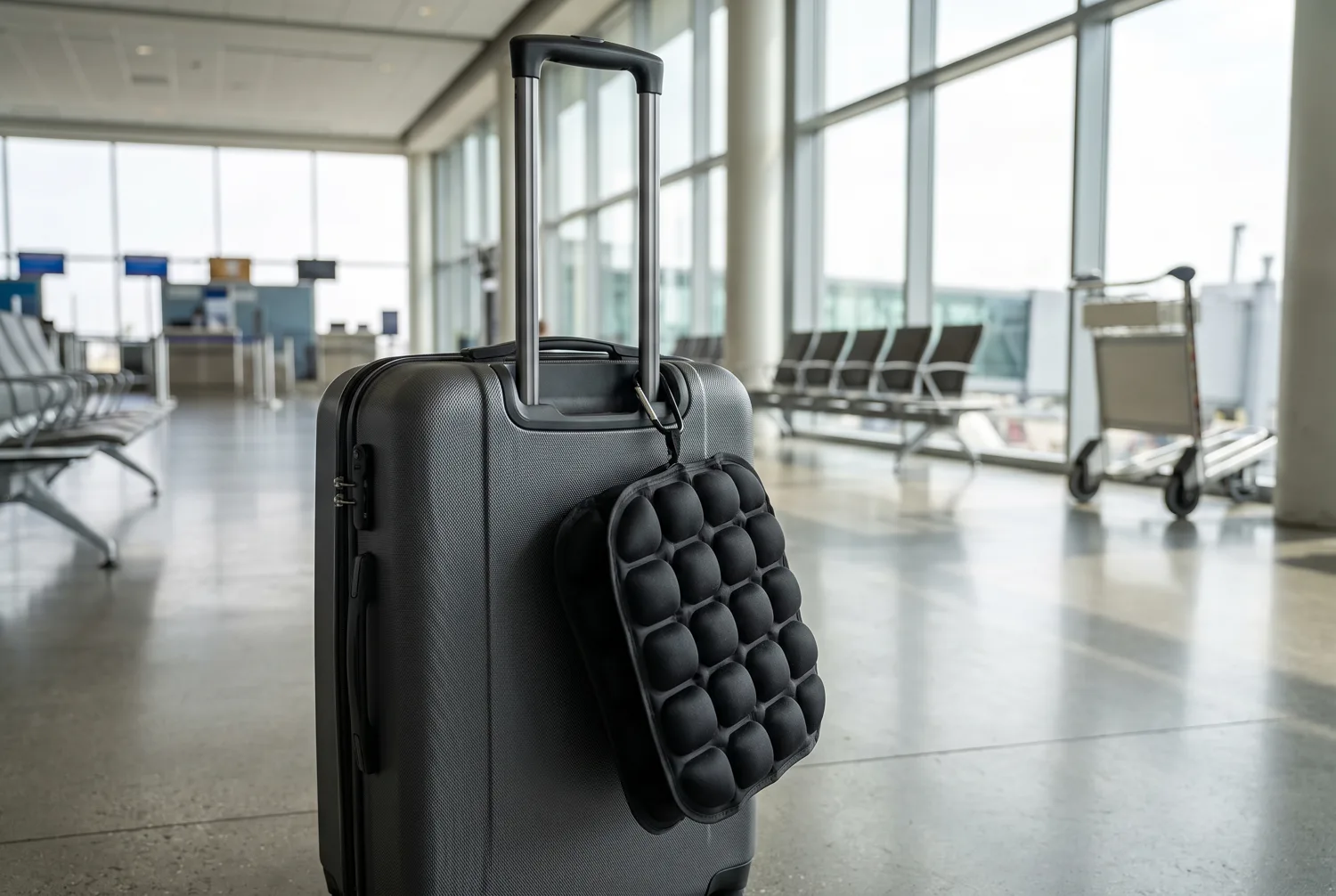 The Ralmutino cushion folded in half and clipped to a carry-on handle