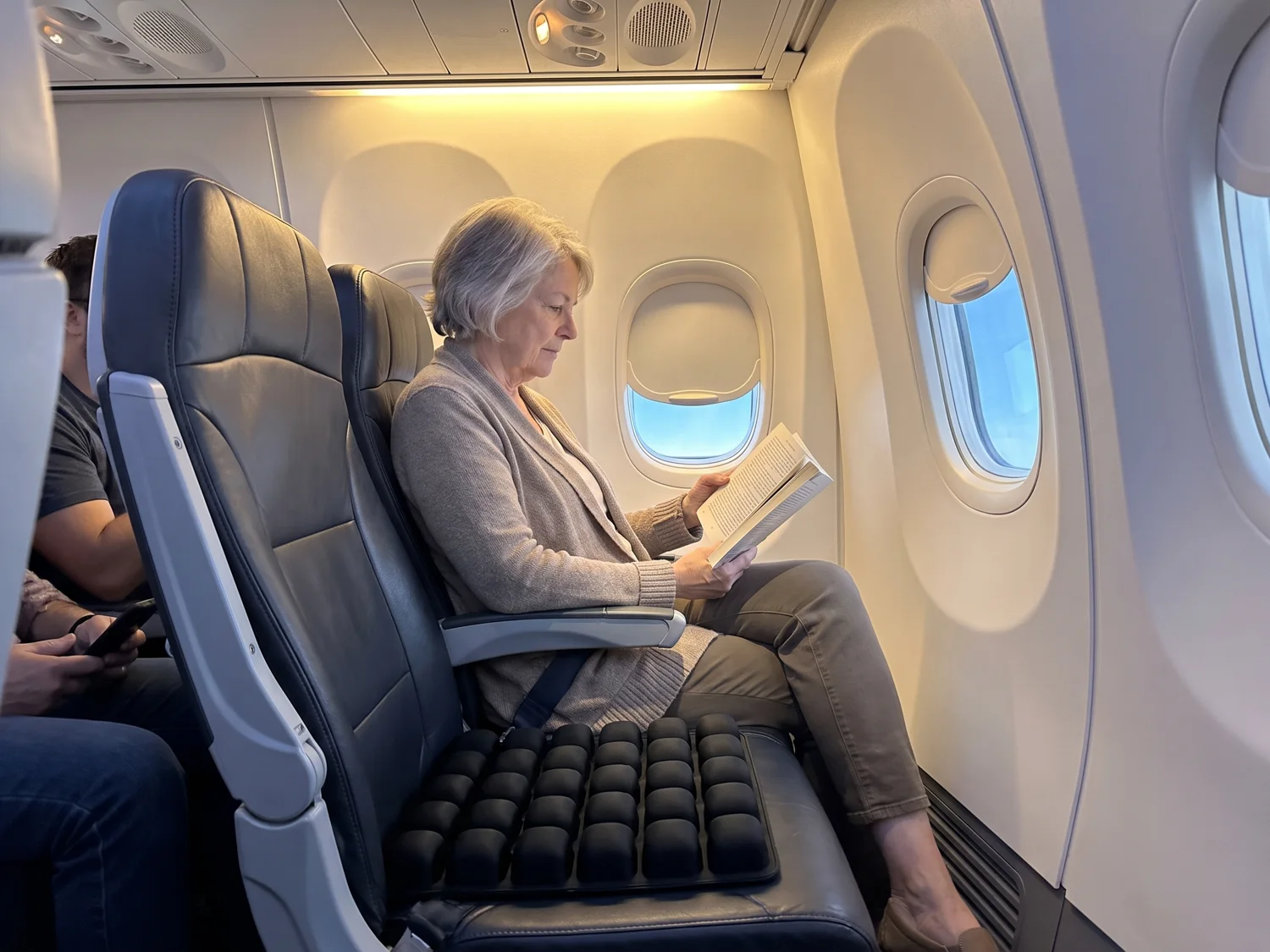 A woman in her late sixties reading in an economy window seat, sitting on the air-cell cushion