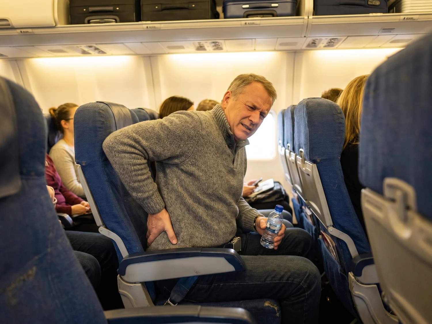 A passenger in his sixties shifting in his economy seat, one hand pressed to his lower back